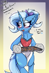 Size: 2000x3000 | Tagged: safe, artist:jubyskylines, trixie, pony, unicorn, semi-anthro, g4, apron, arm hooves, baking, bipedal, blush lines, blushing, bow, chest fluff, clothes, cookie, cute, dialogue, diatrixes, food, hair bow, high res, open mouth, oven mitts, ponytail, ponytober, ponytober 2023, solo, tray