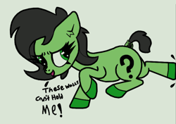 Size: 728x513 | Tagged: safe, artist:scandianon, oc, oc only, oc:filly anon, earth pony, pony, g4, dock, ears back, female, filly, foal, furrowed brow, hooves, kicking, simple background, solo, tail, talking