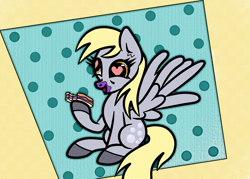 Size: 1400x1000 | Tagged: safe, artist:scandianon, derpy hooves, pegasus, pony, g4, dilated pupils, eating, female, food, heart, heart eyes, hooves, mare, open mouth, open smile, sandwich, sitting, smiling, solo, spread wings, wingding eyes, wings