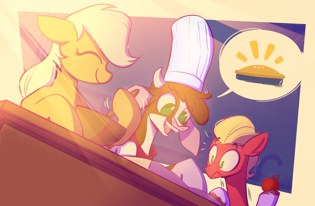 [apple,applejack,baking,book,bowl,chef's hat,cow,cute,earth pony,eyes closed,female,food,g5,hat,hatless,male,mare,missing accessory,pony,safe,stallion,mixing bowl,jackabetes,cookbook,smiling,community related,them's fightin' herds,ponytober,arizona (tfh),sprout cloverleaf,artist:scribble-potato]
