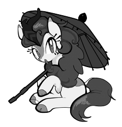 Size: 1638x1703 | Tagged: safe, artist:yidwags, autumn blaze, kirin, g4, black and white, cloven hooves, grayscale, looking at you, monochrome, parasol (umbrella), simple background, sitting, solo, transparent background