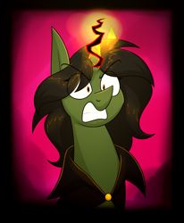 Size: 1311x1590 | Tagged: safe, artist:moonatik, oc, oc only, oc:grim fate, pony, unicorn, abstract background, angry, bust, cloak, clothes, dark magic, female, horn, magic, mare, solo, unicorn oc