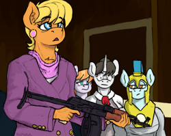 Size: 1948x1551 | Tagged: safe, artist:reddthebat, copper top, guardian angel (g4), ms. harshwhinny, raven, earth pony, unicorn, anthro, g4, ak-47, assault rifle, drum magazine, eyebrows, eyebrows visible through hair, female, guardsmare, gun, mare, rifle, royal guard, weapon