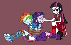 Size: 1200x764 | Tagged: safe, artist:bugssonicx, rainbow dash, twilight sparkle, human, equestria girls, g4, bondage, female, knocked out, tied up, twilight sparkle (alicorn)