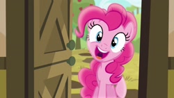 Size: 2560x1440 | Tagged: safe, screencap, pinkie pie, earth pony, pony, g4, pinkie apple pie, season 4, door, open mouth, solo, uvula