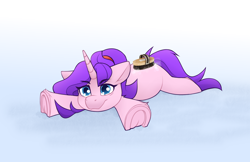 Size: 3392x2193 | Tagged: safe, artist:rivin177, oc, oc only, oc:rivin, pony, unicorn, brush, gradient background, high res, horn, lying down, prone, sad, solo, sploot