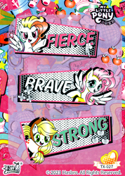 Size: 3818x5354 | Tagged: safe, applejack, fluttershy, rainbow dash, earth pony, pegasus, pony, g4, official, absurd file size, alternate hairstyle, female, halftone, kayou, logo, mare, scan, sticker sheet, text