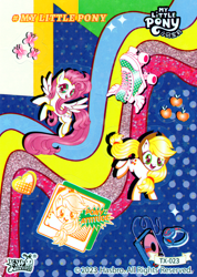 Size: 3818x5354 | Tagged: safe, applejack, fluttershy, earth pony, pegasus, pony, g4, official, absurd file size, cd player, duo, female, halftone, hashtag, headphones, kayou, logo, mare, roller skates, scan, skates, text