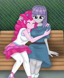 Size: 2975x3651 | Tagged: safe, artist:lennondash, maud pie, pinkie pie, human, equestria girls, equestria girls series, g4, bench, breasts, busty maud pie, busty pinkie pie, clothes, cute, diapinkes, duo, duo female, eyes closed, female, fence, hair, hairband, happy, high res, hug, maudabetes, pie sisters, rah rah skirt, sibling love, siblings, sisterly love, sisters, sitting, skirt, smiling, tank top, teenager