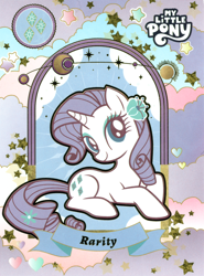 Size: 3800x5135 | Tagged: safe, rarity, pony, unicorn, g4, official, absurd file size, banner, female, kayou, logo, looking at you, mare, planet, scan, solo, stars, text