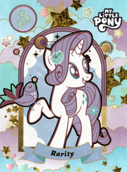 Size: 3800x5135 | Tagged: safe, rarity, bird, pony, unicorn, g4, official, absurd file size, banner, cutie mark, female, flower, flower in hair, kayou, logo, mare, raised hoof, scan, solo, stars, text, trading card