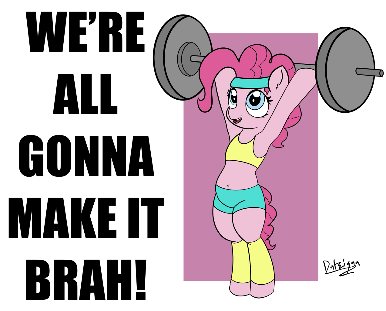 [belly button,bipedal,clothes,earth pony,midriff,pinkie pie,pony,safe,solo,sports bra,weight lifting,weights,workout outfit,artist:datzigga]