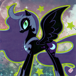 Size: 2877x2890 | Tagged: safe, nightmare moon, alicorn, pony, g4, official, concave belly, ethereal mane, ethereal tail, female, helmet, high res, hoof shoes, kayou, long legs, long mane, long tail, mare, peytral, princess shoes, scan, side view, slender, solo, spread wings, stars, sticker, tail, tall, thin, wings