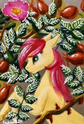 Size: 1657x2437 | Tagged: safe, artist:cahandariella, roseluck, earth pony, pony, g4, cute, female, flower, fruit, leaves, mare, painting, rose, solo, traditional art