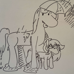 Size: 1000x996 | Tagged: safe, artist:otl crafts, oc, oc:japanon, oc:sun showers, earth pony, horse, pony, inktober, inktober 2023, rain, traditional art, umbrella, wet, wet mane