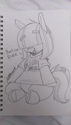 Size: 1152x2048 | Tagged: safe, artist:lockheart, oc, oc only, oc:dot matrix, earth pony, pony, mare fair, clothes, eyebrows, eyebrows visible through hair, female, grayscale, hair over eyes, mare, monochrome, open mouth, open smile, pencil drawing, shirt, sitting, smiling, solo, t-shirt, traditional art