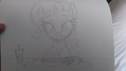 Size: 2048x1152 | Tagged: safe, artist:lockheart, rarity, pony, unicorn, g4, burger, bust, eating, female, food, french fries, grayscale, mare, monochrome, pencil drawing, solo, traditional art