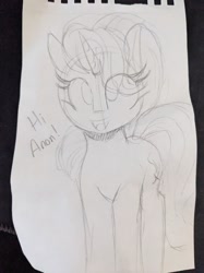 Size: 728x971 | Tagged: safe, artist:lockheart, starlight glimmer, pony, unicorn, g4, eye clipping through hair, female, grayscale, hi anon, mare, meme, monochrome, pencil drawing, solo, traditional art
