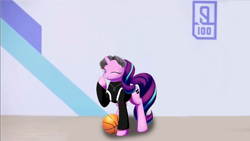 Size: 926x521 | Tagged: safe, artist:495pygly, artist:acersiii, edit, starlight glimmer, earth pony, pony, unicorn, g4, alternate hairstyle, basketball, chinese meme, clothes, cosplay, costume, equality, female, jntm (chinese 'chicken you are too beautiful' meme), looking at you, one eye closed, original, sports, standing, wink, winking at you
