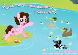 Size: 1063x752 | Tagged: safe, artist:shinta-girl, oc, oc:shinta pony, bird, duck, loon, pegasus, pony, bread, female, food, lake, mare, solo, spanish, translated in the comments, water