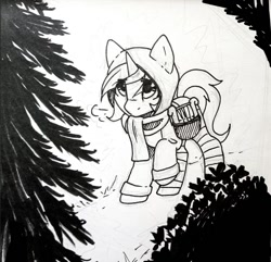 Size: 1120x1079 | Tagged: safe, artist:melodylibris, lyra heartstrings, pony, unicorn, fanfic:background pony, g4, black and white, breath, clothes, female, forest, grayscale, hood, hoodie, inktober, inktober 2023, jacket, looking up, lyre, mare, monochrome, musical instrument, outdoors, raised hoof, scarf, simple background, solo, traditional art, tree, white background, winter outfit