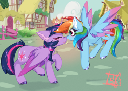 Size: 4093x2894 | Tagged: safe, alternate version, artist:jubyskylines, rainbow dash, twilight sparkle, alicorn, pegasus, pony, g4, blushing, boop, chest fluff, colored ear fluff, colored hooves, colored wings, colored wingtips, cute, dashabetes, duo, duo female, ear fluff, eye clipping through hair, eyes closed, female, flying, folded wings, heartbeat, high res, horn, lesbian, mare, multicolored wings, noseboop, open mouth, open smile, outdoors, ponyville, raised hoof, raised leg, ship:twidash, shipping, side view, signature, smiling, spread wings, tongue out, twiabetes, twilight sparkle (alicorn), unshorn fetlocks, wings