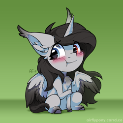Size: 1200x1200 | Tagged: safe, artist:airfly-pony, oc, oc only, oc:enigma, alicorn, pony, blushing, chest fluff, chibi, colored wings, commission, ear fluff, ear tufts, female, sitting, smiling, solo, two toned wings, wings, ych result