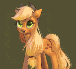 Size: 1052x965 | Tagged: safe, artist:haku nichiya, applejack, earth pony, pony, g4, applejack's hat, cowboy hat, female, freckles, hat, looking at you, mare, open mouth, open smile, smiling, smiling at you, solo, standing, three quarter view