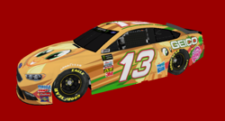 Size: 1106x591 | Tagged: safe, applejack, car pony, g4, 2017, apple, car, casey mears, drink, energy drink, food, ford, hasbro, monster energy, nascar, nr2003, racecar, red background, simple background, solo