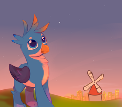 Size: 1802x1580 | Tagged: artist needed, source needed, safe, gallus, griffon, g4, city, dusk, male, nightfall, shine, solo, stars, windmill, younger