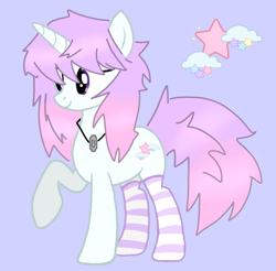 Size: 1011x994 | Tagged: safe, artist:letsloveallan, oc, oc only, oc:starcloud, base used, blade, clothes, hair, jewelry, necklace, pastel, purple background, purple eyes, simple background, socks, solo, striped socks, tail, thigh highs, thigh socks