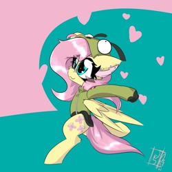 Size: 2362x2362 | Tagged: safe, artist:jubyskylines, fluttershy, pegasus, pony, antonymph, cutiemarks (and the things that bind us), vylet pony, g4, bandaid, bandaid on nose, bipedal, clothes, cute, ear piercing, eye clipping through hair, female, fluttgirshy, gir, heart, high res, hoodie, invader zim, lesbian pride flag, mare, piercing, pride, pride flag, shyabetes, signature, solo, wings