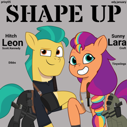 Size: 1280x1280 | Tagged: safe, artist:edy_january, artist:prixy05, edit, editor:edy_january, hitch trailblazer, sunny starscout, earth pony, pony, g5, my little pony: tell your tale, album, album cover, album parody, anget, belt, black shirt, call of duty, call of duty: warzone, clothes, combat knife, dibbs, duo, equipment, female, gloves, gun, handgun, knife, lara croft, leon s. kennedy, leon scott kennedy, male, music, pistol, rapper, rappers, resident evil, resident evil 4, resident evil 4 remake, shape up (songs), ship:starblazer, shipping, shirt, simple background, singing, song, song reference, straight, tactical, tank top, tinywiings, tomb raider, usp, vector used, weapon