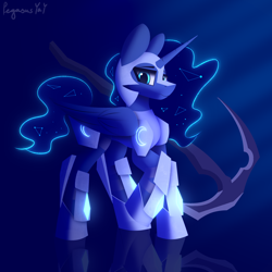 Size: 3000x3000 | Tagged: safe, artist:pegasusyay, princess luna, alicorn, pony, g4, armor, armored pony, female, high res, looking at you, mare, raised hoof, solo, weapon