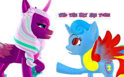 Size: 1920x1200 | Tagged: safe, artist:puzzlshield2, opaline arcana, oc, oc:puzzle shield, alicorn, pony, mlp fim's thirteenth anniversary, g4, g5, 3d, crossover, dialogue, mmd, shocked