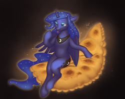 Size: 2011x1600 | Tagged: safe, artist:escapist, princess luna, alicorn, pony, g4, ethereal mane, female, food, horn, mare, partially open wings, peytral, pierogi, sitting, solo, starry mane, starry tail, tail, tongue out, wings