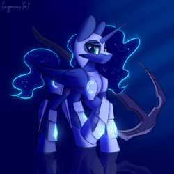 Size: 3000x3000 | Tagged: safe, alternate version, artist:pegasusyay, princess luna, alicorn, pony, g4, armor, armored pony, female, high res, looking at you, mare, raised hoof, solo, weapon