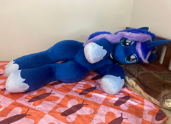 Size: 2377x1721 | Tagged: safe, artist:qtpony, princess luna, alicorn, pony, g4, bed, irl, life size, lying down, photo, plushie, solo