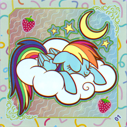 Size: 2898x2898 | Tagged: safe, rainbow dash, pegasus, pony, g4, official, cloud, eyes closed, female, food, high res, kayou, mare, moon, on a cloud, scan, sleeping, sleeping on a cloud, sleepydash, solo, stars, sticker, strawberry