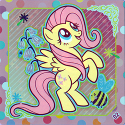 Size: 2898x2898 | Tagged: safe, fluttershy, bee, insect, pegasus, pony, g4, official, cute, female, flower, high res, kayou, mare, open mouth, rearing, scan, shyabetes, solo