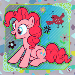 Size: 2898x2893 | Tagged: safe, pinkie pie, bird, earth pony, pony, g4, official, female, flower, high res, kayou, mare, music notes, open mouth, scan, sitting, solo
