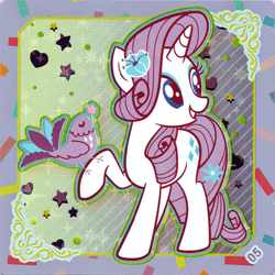 Size: 2898x2898 | Tagged: safe, rarity, bird, pony, unicorn, g4, official, female, flower, flower in hair, heart, high res, kayou, mare, raised hoof, scan, solo, stars
