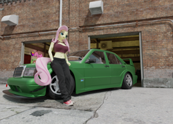 Size: 7000x5000 | Tagged: safe, artist:lumimation, fluttershy, anthro, plantigrade anthro, g4, 3d, absurd file size, absurd resolution, big breasts, blender, blender cycles, breasts, car, clothes, converse, female, garage, hand in pocket, leaning, looking away, mercedes-benz, pants, pocket, realistic mane, shoes, short shirt, solo