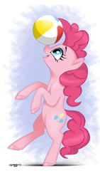 Size: 3345x5947 | Tagged: safe, artist:ostarbito, derpibooru exclusive, pinkie pie, earth pony, pony, g4, balancing, beach ball, blue eyes, female, happy, looking up, mare, open mouth, open smile, pink coat, pink mane, ponies balancing stuff on their nose, simple background, smiling, standing, standing on one leg
