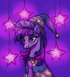 Size: 987x1090 | Tagged: safe, artist:calicokittyq, twilight sparkle, alicorn, pony, g4, alternate hairstyle, cape, clothes, cute, female, hat, mare, solo, star swirl the bearded costume, stars, twiabetes, twilight sparkle (alicorn), wizard hat