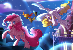 Size: 3754x2546 | Tagged: safe, artist:yuris, pinkie pie, surprise, earth pony, pegasus, pony, mlp fim's thirteenth anniversary, do princesses dream of magic sheep, g1, g4, duo, duo female, female, food, frog (hoof), high res, mare, muffin, night, open mouth, roof, smiling, spread wings, town hall, tree, underhoof, winged muffin, wings