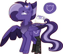 Size: 3463x2978 | Tagged: safe, artist:thecommandermiky, oc, oc only, oc:miky command, pegasus, pony, boots, bow, bowtie, chest fluff, female, folded wings, hair bow, high res, long tail, mare, partially open wings, paws, pegasus oc, purple coat, purple eyes, purple hair, purple mane, shoes, simple background, solo, tail, transparent background, updated, updated design, wings