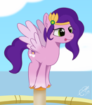 Size: 2880x3300 | Tagged: safe, artist:cobaltskies002, pipp petals, pegasus, pony, g4, g5, adorapipp, behaving like a bird, cloud, cute, diadem, female, g5 to g4, generation leap, gradient background, high res, jewelry, mare, ocean, regalia, signature, sky, smiling, solo, spread wings, tongue out, water, wings