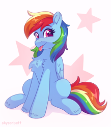 Size: 1712x1965 | Tagged: safe, artist:skysorbett, rainbow dash, pegasus, pony, g4, :p, chest fluff, cute, dashabetes, ear fluff, eyebrows, female, folded wings, looking at you, mare, multicolored hair, rainbow hair, signature, simple background, sitting, smiling, smiling at you, solo, starry eyes, stars, tongue out, wingding eyes, wings