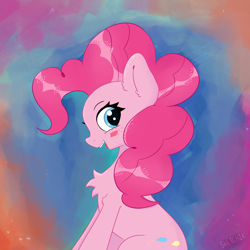 Size: 2500x2500 | Tagged: safe, artist:sketchik, pinkie pie, earth pony, pony, g4, blushing, chest fluff, cute, female, high res, looking back, mare, side view, sitting, solo